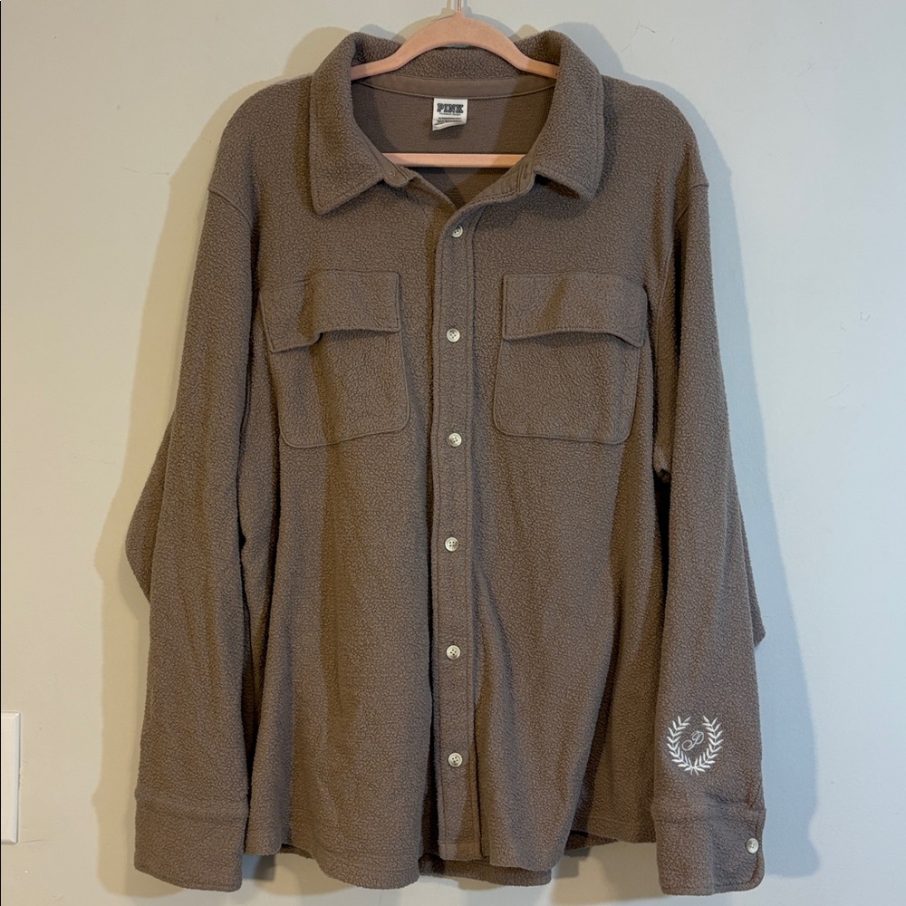 Victoria's Secret PINK Reverse Fleece Shacket VS Pink, Iced Coffee Taupe XL